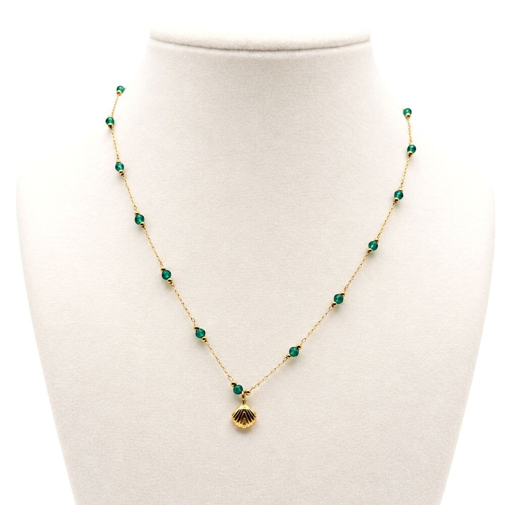 18K Gold Plated Green Bead Seashell Pendant Necklace Coastal Beach Jewelry NEW